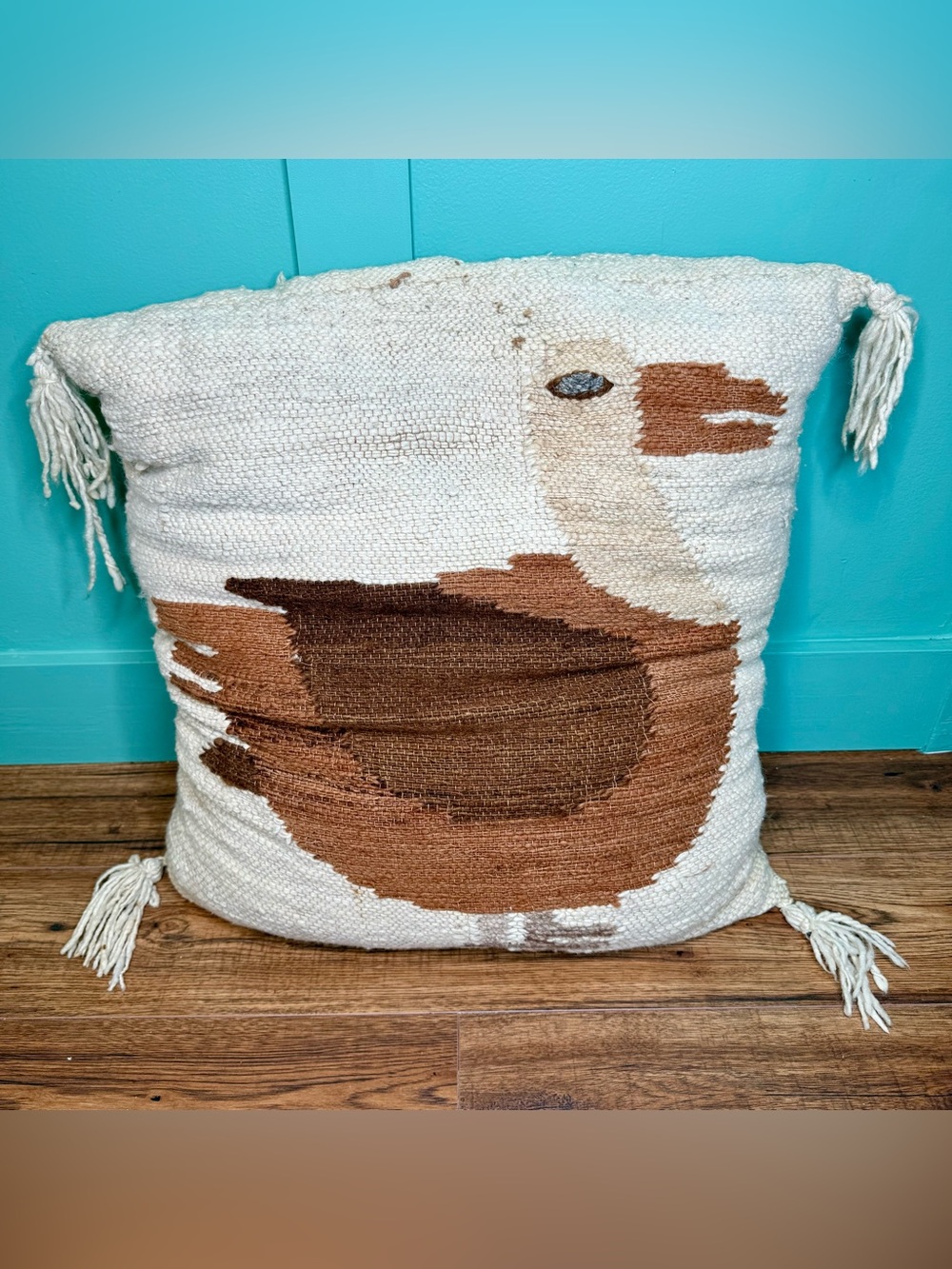 Hand Knit Vintage Bird Duck Pillow Peruvian Fiber Art Danish Style Huge 23โx23โ